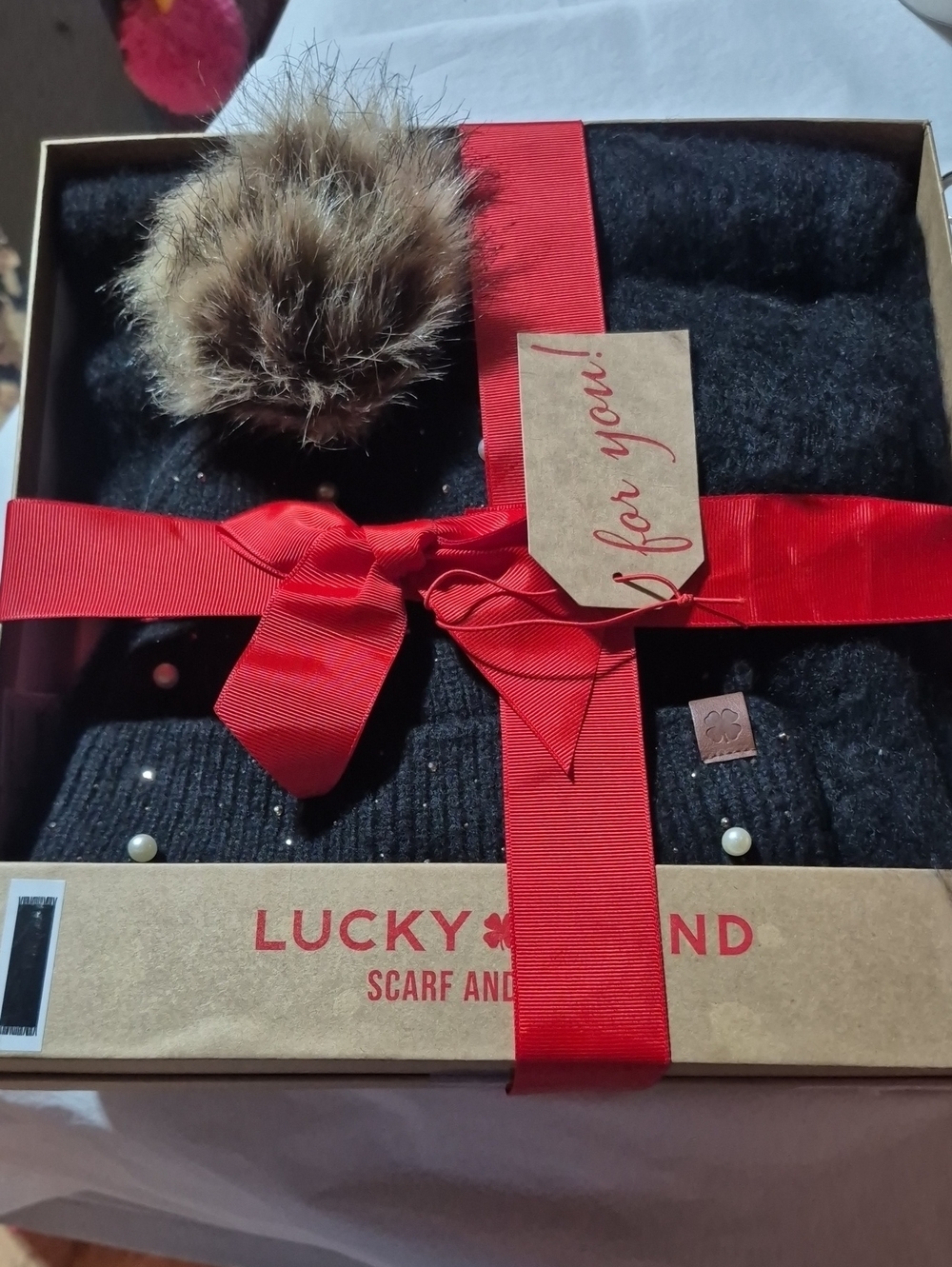 Lucky Brand Black Knit Scarf and Beanie Set with Faux Fur Pom and Pearl Accents